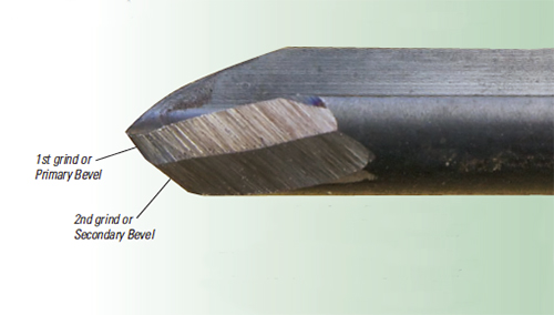 Modern Bowl Gouge with Secondary Grind: This can be done with a typical Wolverine Jig or a similar jig. By adding a second grind, the turner can effectively remove material deeper in a bowl, cutting a much tighter radius on the bottom.