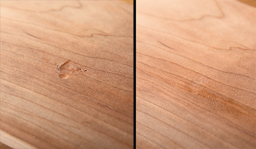 A hot iron turns water droplets into steam, which expands to open wood fibers and level out a dent.