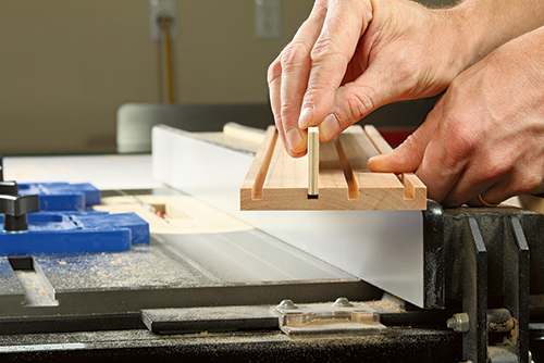 Make a test piece to help dial in your blade settings for cutting snug-fitting grooves in the sides.