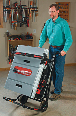 A tubular, folding workstand and dolly-style portability make the saw simple to collapse for storage or to roll and set up wherever the jobsite needs to be. In “dolly” mode, it’s well-balanced and easy to move.