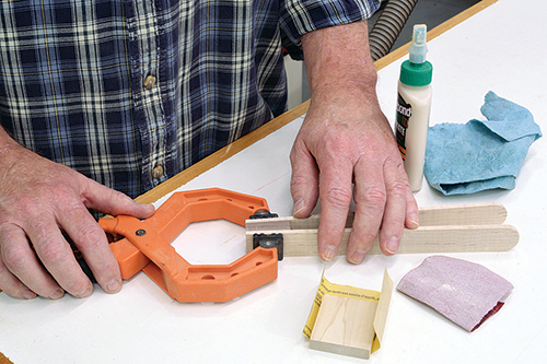 Glue the assembly together and clamp up till dry. The pivoting pads on this spring clamp easily handle the angled end.