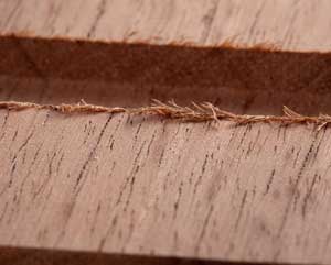 Blowout occurs as the bit emerges from the wood at cut's end. A scrap clamped to the work's edge prevents damage to it; instead the blowout affects the scrap.