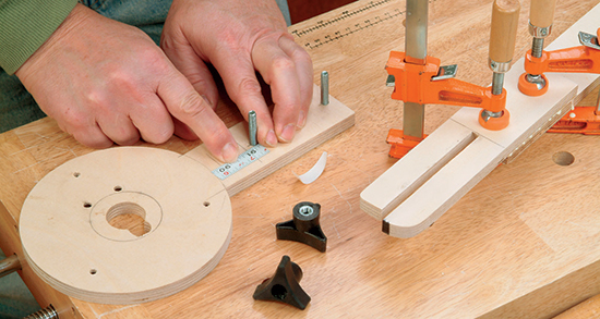 A short length of stick-on measuring tape allows fine-tuning of the distance between the jigsaw blade (or router bit) and the jig’s pivot hole.