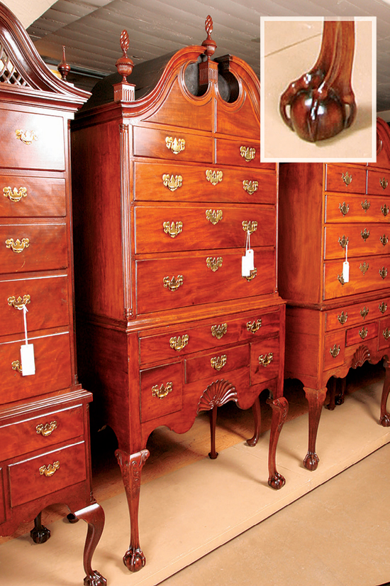 The High Chest of Drawers above is a fine example of carved cabriole legs with piercing between the claws and the ball. It is signed by John Townsend and dated 1759. (Yale University Furniture Study Collection)