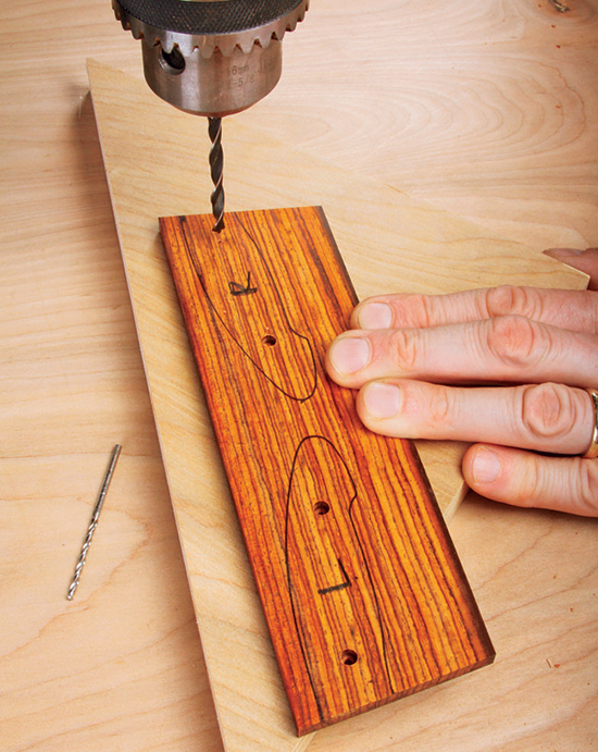 Drill counterbores in the scales for tiny machine screw heads. Set the drilling depth so the screw shanks will project no more than 5/64” through.
