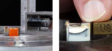 Set the bit's cut depth however you prefer. Two good approaches are shown here: with a small square (right) and with thickness gauge of the desired thickness (left).