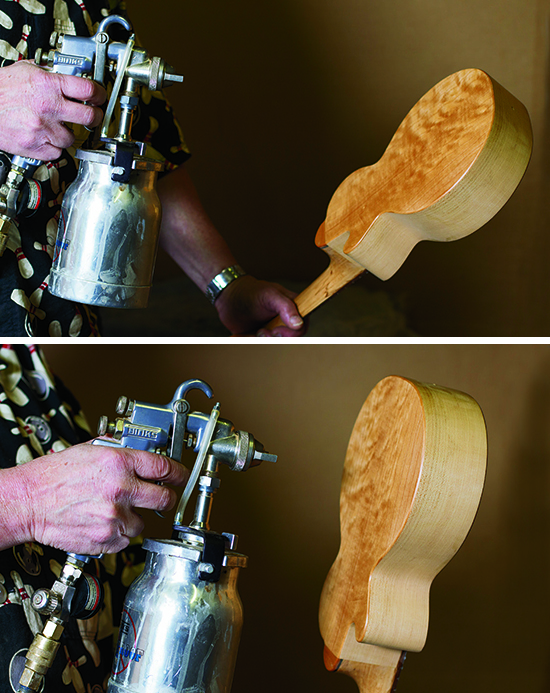 Overspray occurs when you spray from too far away (top photo, above): your droplets dry in the air. To fix this problem, move the spray gun closer to the object you’re spraying (bottom photo, above) and slow down a bit.