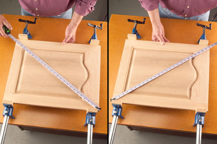 Measure from corner to corner, both directions, to check the diagonals. If they're the same, the door is square.