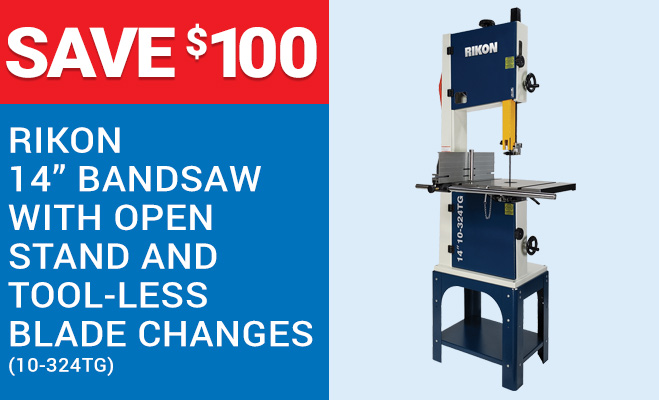 Save $100 on the Rikon 14-inch Bandsaw with Open Stand and Tool-Less Blade Changes