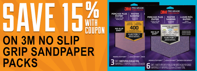 Save 15% with coupon on 3m No Slip Grip Sandpaper Packs