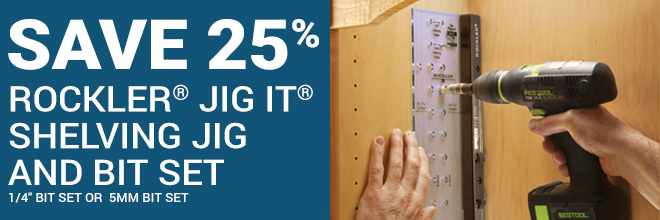 Save 25% on Rockler Jig It Shelving Jig and Bit Set 1/4-inch Bit Set or 5MM Bit set