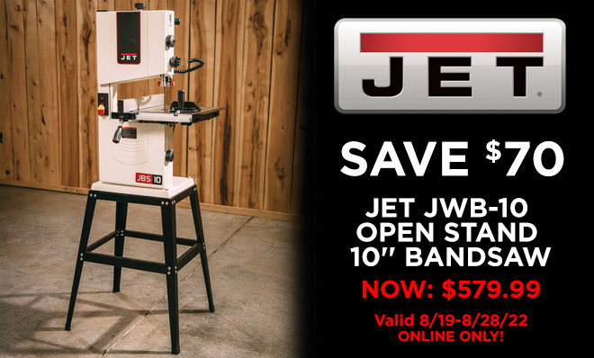 JET JWB-10 Open Stand 10-inch Bandsaw - $579.99 through 8/28