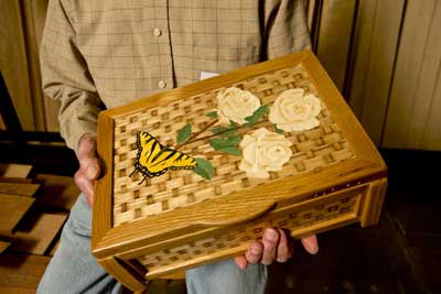 Don Solomon's "Basketweave with White Roses and Swallowtail" first place box