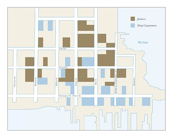 Map of woodworkers' properties on Easton's Point, Newport, 1715-40. Map created by Olga Vanegas.