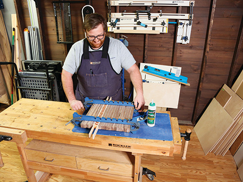 Clamping cutting board pieces with accent strips installed