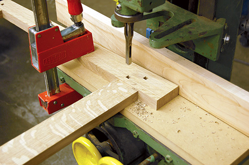 Cutting mortises in Calendar frame for ebony pins with mortising machine