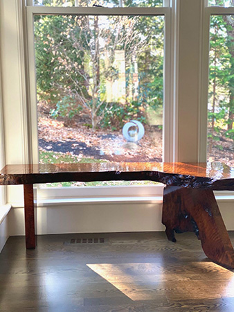 Bench built from redwood slab