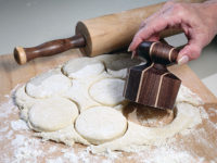 Turned biscuit cutter cutting biscuits