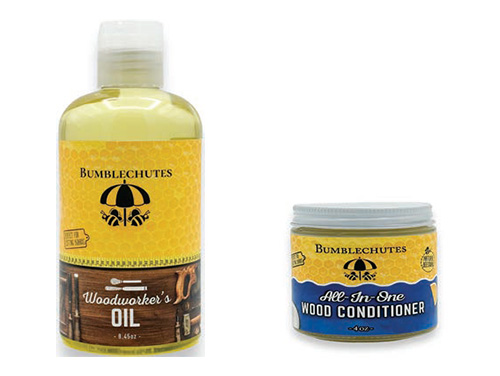 Containers of Bumblechutes wood oil and conditioner