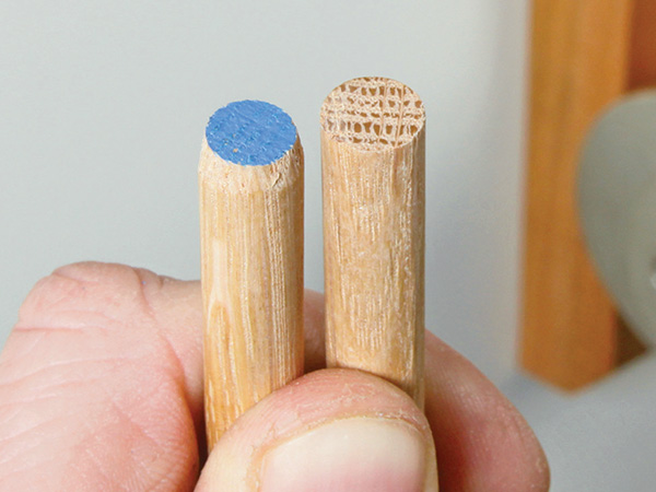 View of dowel with edge cut by pencil sharpener