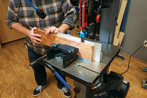 Resawing parts of chevron table with band saw