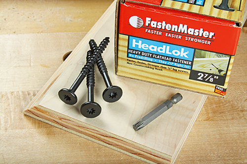 The author used FastenMaster’s 2 7⁄8"-long flathead construction screws, which offer comparable strength to thicker lag screws.