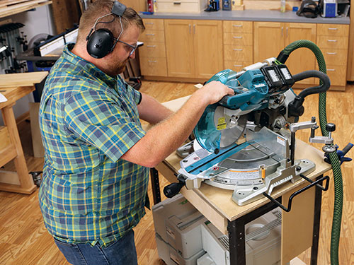 Cutting end of plant stand leg with miter saw