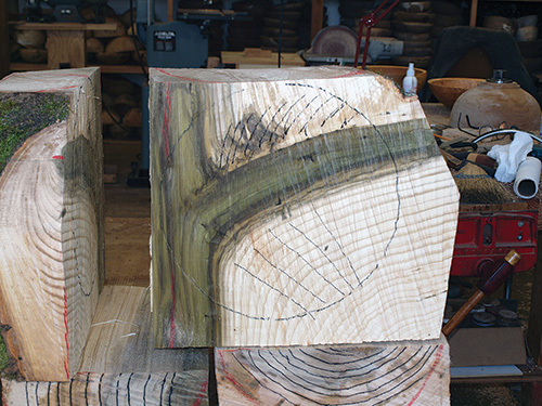 Close-up of drying bowl blank with fiddleback figuring