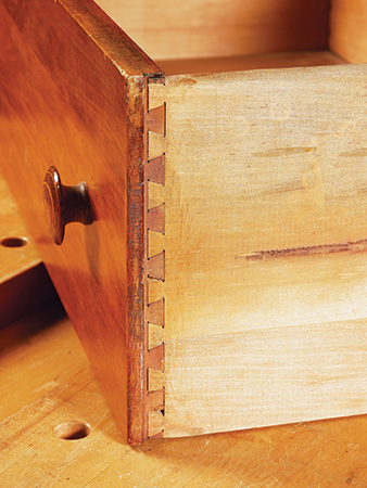 Close-up of drawer cut with dovetail jig