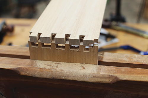 Test fitting whiskey cabinet dovetail joinery