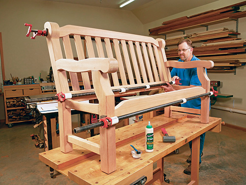 Clamping and gluing full garden bench assembly