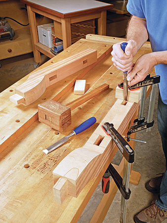 Squaring garden bench mortise walls with chisel