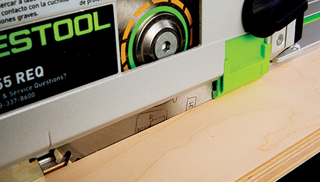 Festool’s unique green plastic splinter- guard helps minimize cutting defects by supporting stock right where the blade exits up and out of the cut.