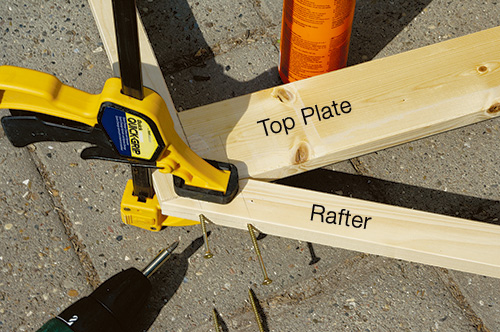 Clamped up top plate and rafter pieces for fold-up greenhouse