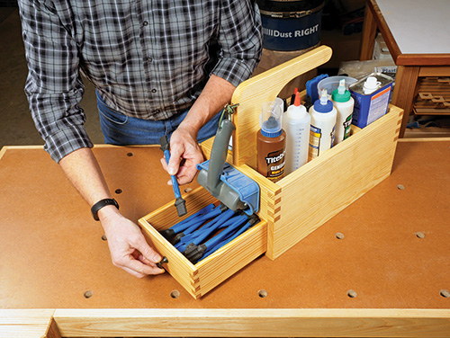 Opening double sided glue caddy drawer