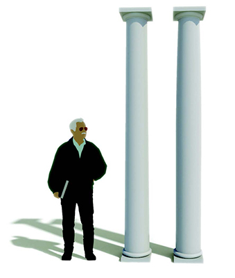 Here, you see two 1'-diameter x 9'-tall Doric columns with architect Steve Oles for scale. The left column has a straight taper from the one-third point upward, while the right one has a gentle convex curve called an entasis. The entasis improves the look from afar.