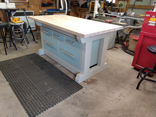 Blue and white workbench tabletop