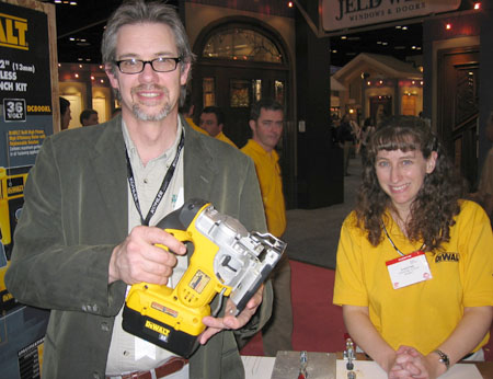 Christine Potter, who directed DeWalt's new lithium ion tool system development, looks on as yours truly tries to make off with their hot new jigsaw.