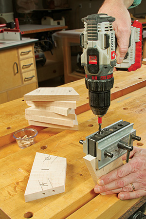 Drilling dowel joinery holes in frame piece