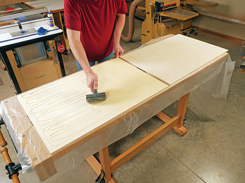 Rolling glue on shop cart tabletop
