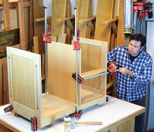 Gluing and clamping Limbert hutch carcass and drawer assembly together