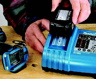 Makita’s sophisticated battery charger replenishes a spent pack in less than a half hour.