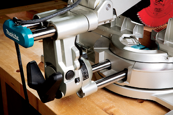 Makita’s four short rails improve rigidity and project behind the saw “stairstep” style.