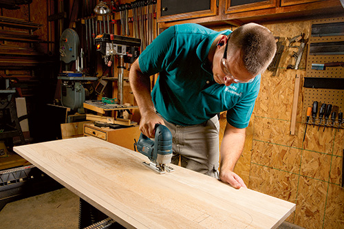 Cutting out desk part shape with jigsaw