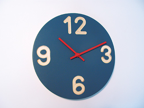 Blue clock face with white numbering and red hands