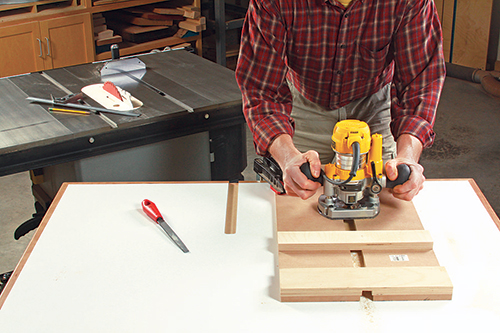 A pair of miter slots routed into the cart’s top make it easier to use in tandem with the saw’s miter gauge or a crosscut sled. These slots are optional, if you’d prefer to keep your cart’s top fully intact.