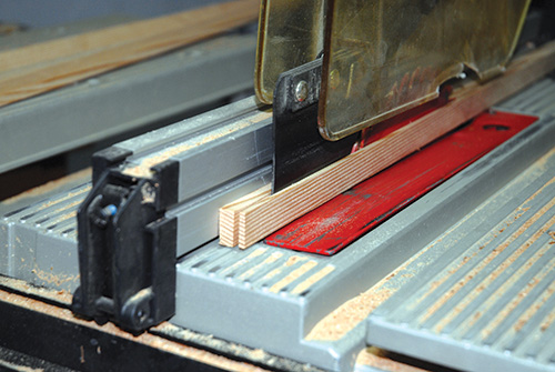 Sawing strips for edge banding on Nakashima console