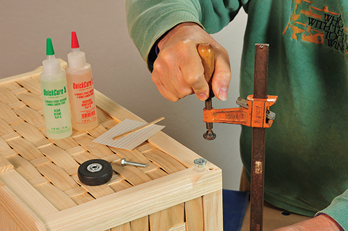 Adding wheels to base of wooden picnic basket