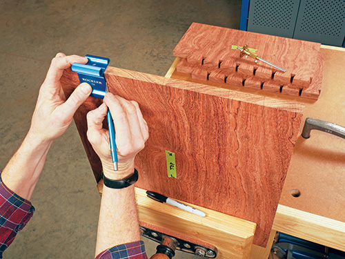 Using saddle square to lay out dovetail pins