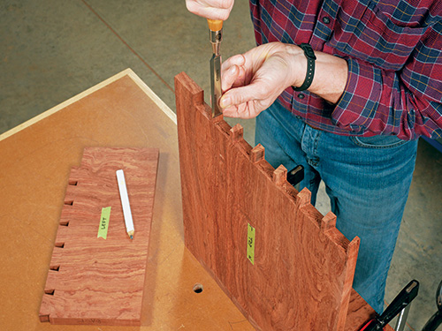 Trimming dovetail pins after test fit